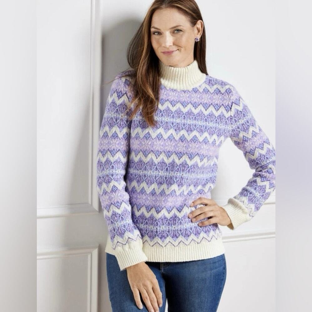 Talbots Zig Zag Jacquard Fair Isle Mock Neck Sweater Small Petite Purple Winter